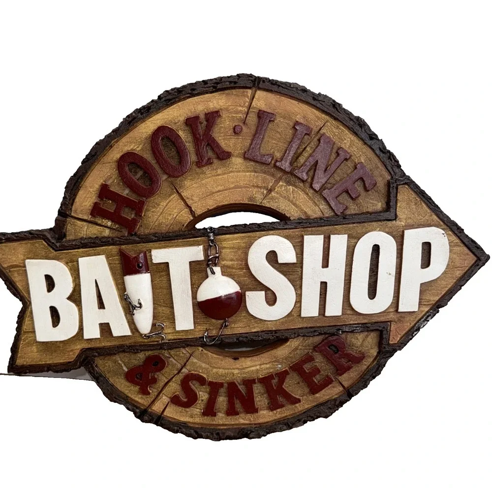 Bait Shop Fishing Sign Bobber Lure Cabin Lodge Decor Rustic Faux Wood Carved